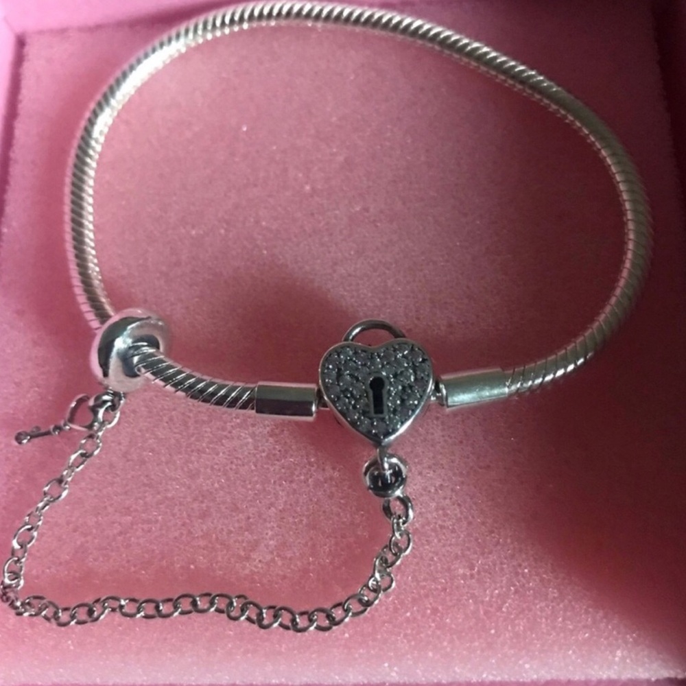 Sterling Silver Heart Padlock Charm Bracelet
